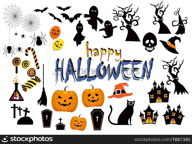 Set of various cute icons. silhouettes of Halloween on a white background. illustration For web backgrounds, design elements, logos, badges, labels, on a white background. with Happy Halloween text.