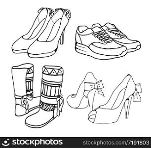 Set of various doodle outlines of women&rsquo;s shoes. Vector element for your creativity. Set of various doodle outlines of women&rsquo;s shoes. Vector element