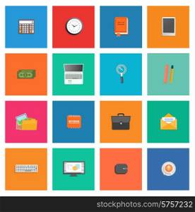 Set of various financial service items, business management symbol, marketing items and office equipment in flat style