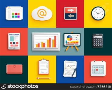 Set of various financial service items, business management symbol, marketing items and office equipment. Set for web and mobile applications in flat design