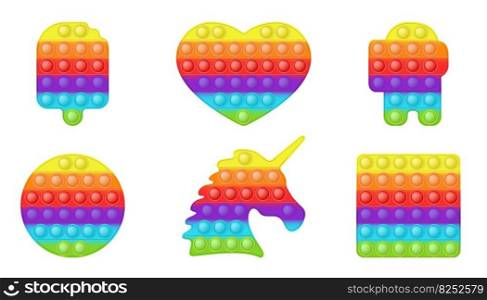 Set of various forms pop it a trendy rainbow toys for fidgets. Addictive anti-stress toy in bright colors. Bubble sensory developing popit for kids. Vector illustration isolated on a white background. Set of various forms pop it a trendy rainbow toys for fidgets. Addictive anti-stress toy in bright colors. Bubble sensory developing popit for kids. Vector illustration isolated on a white background.