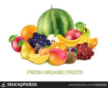 Set of various fresh fruits isolate on white background. Fruit mango and figs, watermelon and pomegranate, banana and tropical ingredient, vector illustration. Set of various fresh fruits isolate on white background