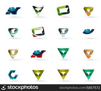 Set of various geometric icons - rectangles triangles squares or circles. Made of swirls and flowing wavy elements. Business, app, web design logo templates.