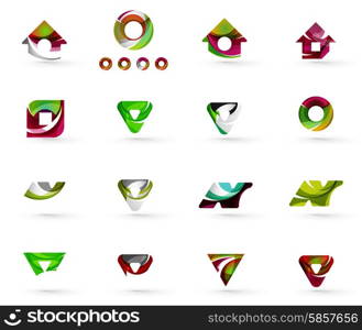 Set of various geometric icons - rectangles triangles squares or circles. Made of swirls and flowing wavy elements. Business, app, web design logo templates.