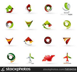 Set of various geometric icons - rectangles triangles squares or circles. Made of swirls and flowing wavy elements. Business, app, web design logo templates.