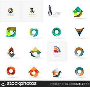 Set of various geometric icons - rectangles triangles squares or circles. Made of swirls and flowing wavy elements. Business, app, web design logo template.