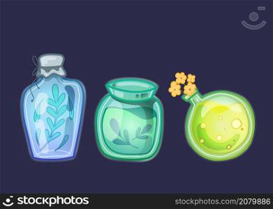Set of various glowing magical potions and antidotes on dark background. Alchemy and Potion Making. Witch tinctures. Vector hand drawn flat bottles and flasks for mobile games, stickers, applications. Set of various glowing magical potions and antidotes on dark background. Alchemy and Potion Making. Witch tinctures. Vector hand drawn flat bottles and flasks