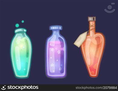 Set of various glowing magical potions, poisons and antidotes. Alchemy and Potion Making. Witch tinctures. Vector hand drawn flat bottles, flasks and jars for mobile games, stickers, applications. Set of various glowing magical potions, poisons and antidotes. Alchemy and Potion Making. Witch tinctures. Vector hand drawn flat bottles