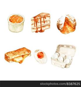 Set of various isolated salted egg watercolor illustration for decorative use.