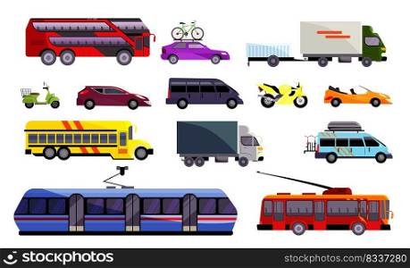 Set of various land vehicles. Automobiles, public transport, trucks. Can be used for topics like transports, infrastructure, transportation