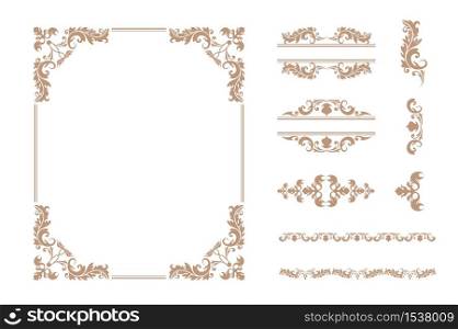 Set of various luxury vintage ornament frame and decorative classical delimiter vector flat illustration. Collection of different elegance golden divided and border shape isolated on white background. Set of various luxury vintage ornament frame and decorative classical delimiter vector illustration