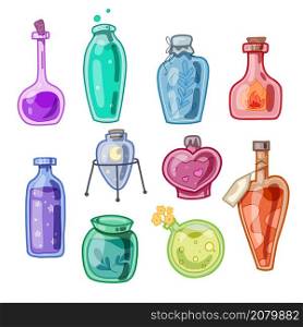 Set of various magical potions, poisons and antidotes. Alchemy and Potion Making. Witch tinctures. Vector hand drawn flat bottles, flasks and jars for mobile games, stickers, applications.. Set of various magical potions, poisons and antidotes. Alchemy and Potion Making. Witch tinctures. Vector hand drawn flat bottles, flasks and jars