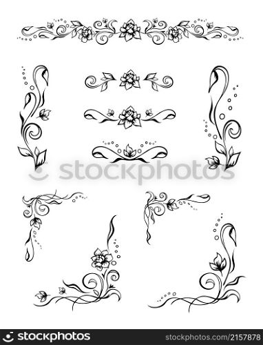 Set of various matching elegant floral text dividers and stylish frame corners with roses, buds, and flourishes. Collection of editable hand-drawn vintage ornate elements for decoration, prints. Set of various elegant floral text dividers and frame corners with roses, buds, and flourishes. Hand-drawn ornate design elements for decoration, prints