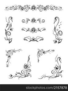 Set of various matching elegant floral text dividers and stylish frame corners with roses, buds, and flourishes. Collection of editable hand-drawn vintage ornate elements for decoration, prints. Set of various elegant floral text dividers and frame corners with roses, buds, and flourishes. Hand-drawn ornate design elements for decoration, prints