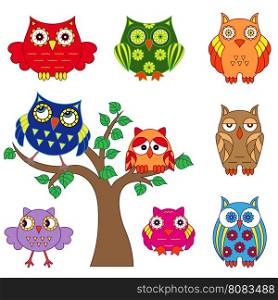 Set of various ornamental colorful owls with tree isolated on the white backgroun, cartoon vector childish illustration
