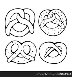 Set of various outline pretzels. Objects are separate from the background. German appetizer. Treats for the holidays. Bakery product. Vector object for articles, menus, cards and your creativity.. Set of various outline pretzels. Objects are separate from the background. German appetizer. Treats for the holidays. Bakery product. Vector object