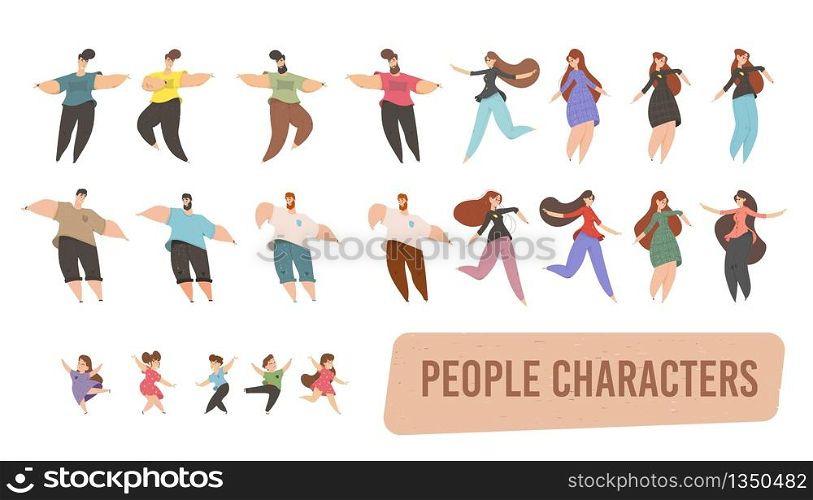 Set of Various People Characters Isolated on White Background. Adult Men, Women and Children Wearing Casual Clothes Posing in Different Positions and Dancing Cartoon Flat Vector Illustration, Clip Art. Set of People Characters Isolated on White Clipart