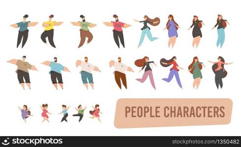 Set of Various People Characters Isolated on White Background. Adult Men, Women and Children Wearing Casual Clothes Posing in Different Positions and Dancing Cartoon Flat Vector Illustration, Clip Art. Set of People Characters Isolated on White Clipart
