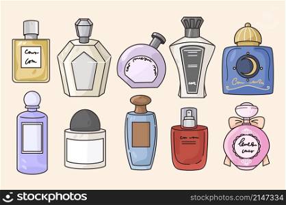 Set of various perfume bottles of different shapes and sizes. Collection of fragrance packaging. Cosmetics and beauty industry concept. Hygiene. Eau de parfum. Flat vector illustration. . Set of various perfume bottles