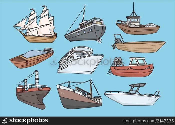 Set of various ships and boats on background. Collection or nautical vessels, yachts and speedboats. Marine activity concept. Cargo and logistics. Sea traveling. Flat vector illustration. . Set of various ships and boats