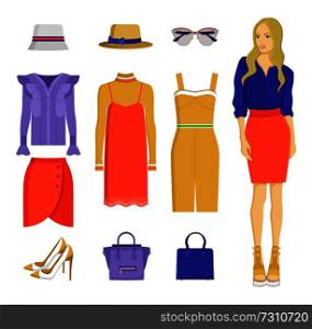 Set of various summer clothes, colorful banner isoalted on white backdrop, dresses and red skirts, lilac shirt, heeled shoes, hats bags and sunglasses. Set of Various Summer Clothes Colorful Banner