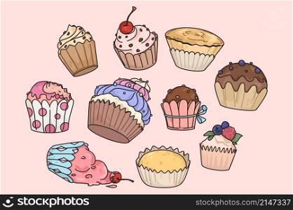 Set of various sweet cupcakes decorated with cream. Collection of muffins with fillings and toppings. Sweet dessert concept. Flat vector illustration. Bakery or coffee shop menu advertising. . Set of cupcakes with various fillings and toppings