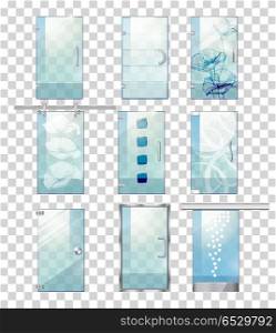 Set of Various Types of Contemporary Glass Doors. Set of various types of contemporary glass doors. Flat design. Pockmarked background. Clean glass door, with lines, flowers, squares, stains. Different kind of handles, straight, circle, waved Vector