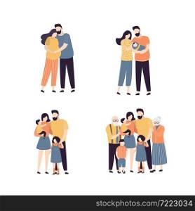Set of various types of family isolated on white background. Cartoon young couple hugging. Huge family with kids and grandparents. Cute wife and husband with children. Flat design vector illustration. Set of various types of family isolated on white background. Cartoon young couple hugging. Huge family with kids and grandparents