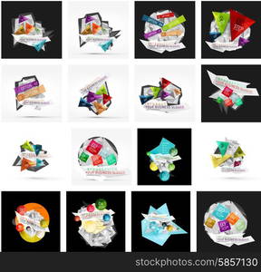 Set of various universal geometric layouts - backgrounds banner advertising layouts - templates, identity. Square, triangle, wave circle or swirl shape design