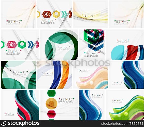 Set of various universal geometric layouts - backgrounds banner advertising - templates, identity. Square, triangle, wave circle or swirl shape design