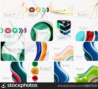 Set of various universal geometric layouts - backgrounds banner advertising - templates, identity. Square, triangle, wave circle or swirl shape design