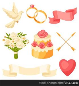 Set of various wedding objects. Marriage romantic items.. Set of various wedding objects.