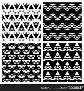 Set of vector abstract geometric seamless backgrounds in black a. Set of vector abstract geometric seamless backgrounds in black color. Collection of monochrome pattern illustration