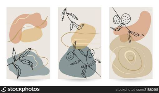 Set of vector abstract illustrations for wall decoration. Minimalist aesthetic bohemian print with floral and abstract shapes. Earthy tones.. Set abstract illustrations for wall decoration.