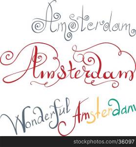 set of vector Amsterdam hand written inscription, typography for poster, card, calligraphy lettering art