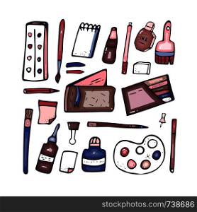 Set of vector art supplies. Collection of hand drawn stationery.