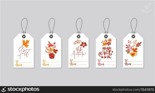 Set of vector autumn gift box tags with fall calligraphy. Hand drawn doodle vector illustration for Thanksgiving decor. Flat design.. Set of vector autumn gift box tags with fall calligraphy. Hand drawn doodle vector illustration for Thanksgiving decor. Flat design