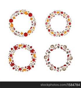 Set of vector autumn round wreaths with place for text. Collection of frames with leaves, acorts and berries for Happy Thanksgiving Day. Template illustration for print, greeting card.. Set of vector autumn round wreaths with place for text. Collection of frames with leaves, acorts and berries for Happy Thanksgiving Day. Template illustration for print, greeting card