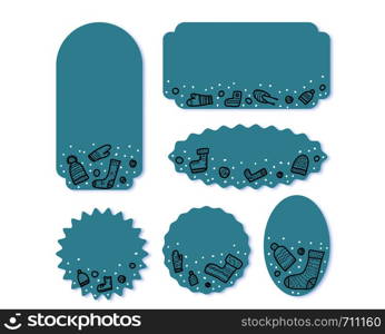 Set of vector badges with warm socks, beanies, gloves set. Collection of templates with winter knitted clothes.