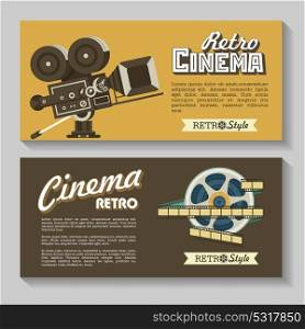 Set of vector banners, flyers. Retro cinema. Vintage movie camera and film reel, vector logos.
