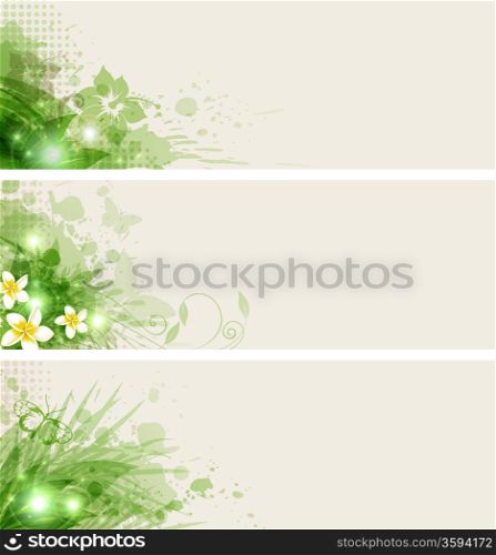 Set of vector banners with flowers and green leaves