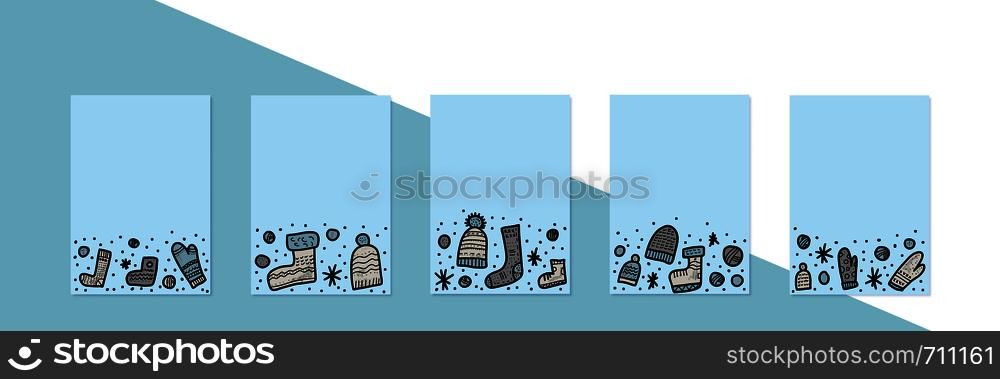 Set of vector banners with warm socks, beanies set. Collection of templates with winter clothes and empty space for text.