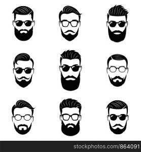 Set of vector bearded men faces, hipsters with different haircuts, mustaches, beards. Hipster silhouettes, emblems, icons, labels.. Set of vector bearded men faces, hipsters with different haircut