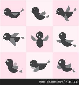 Set of vector bird icons on pink background