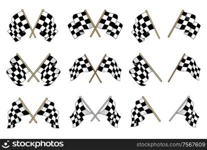 Set of vector black and white checkered flags used in motor sport with six different crossed designs and six single flags showing different waving motions of the textile