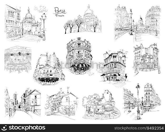 Set of Vector black and white hand drawings. Typical parisain landmarks, house, cafe and lanterns, Paris, France.. Set of Parisian landmarks, France
