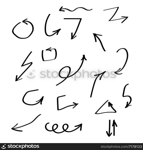 Set of vector black arrows hand drawn brush. Arrow vector collection. Eps10. Set of vector black arrows hand drawn brush. Arrow vector collection