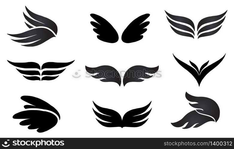 Set of vector black wings logo sign or illustration. Illustration isolated oh white background.. Set of vector elements wings logo sign