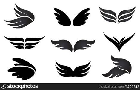 Set of vector black wings logo sign or illustration. Illustration isolated oh white background.. Set of vector elements wings logo sign