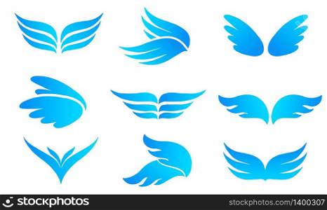 Set of vector blue wings logo sign or illustration. Illustration isolated oh white background.. Set of vector elements wings logo sign